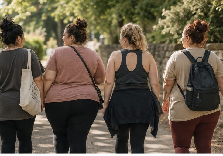 Mamans en balade collective sur un chemin arboré